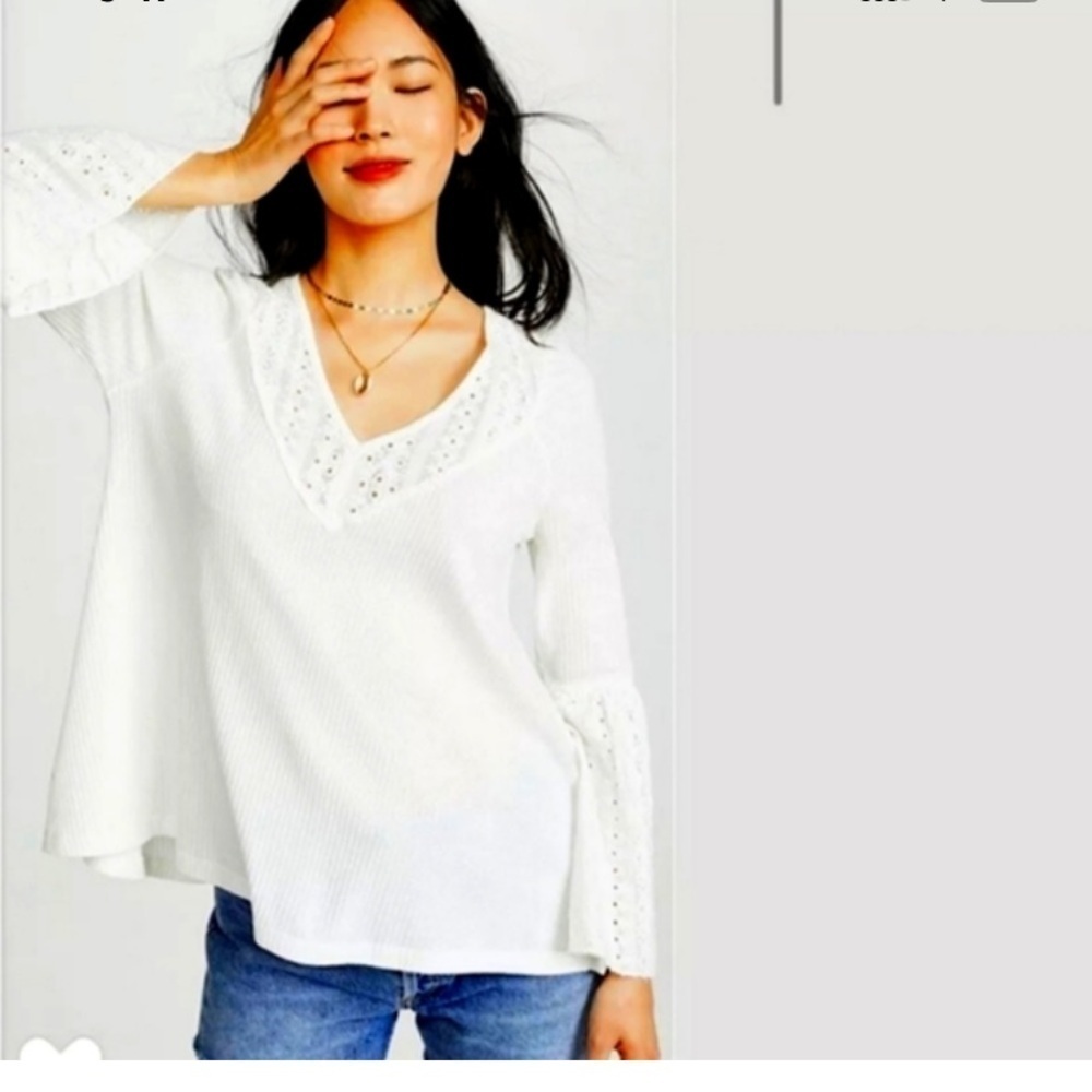 Free People Parisian Nights Blouse V Neck Bell Sleeve Crochet Eyelet Extra Small